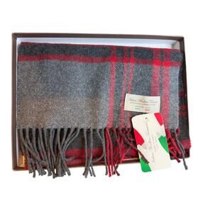 Italian Woollen Treasures Wool Fringed Scarf Gray Red